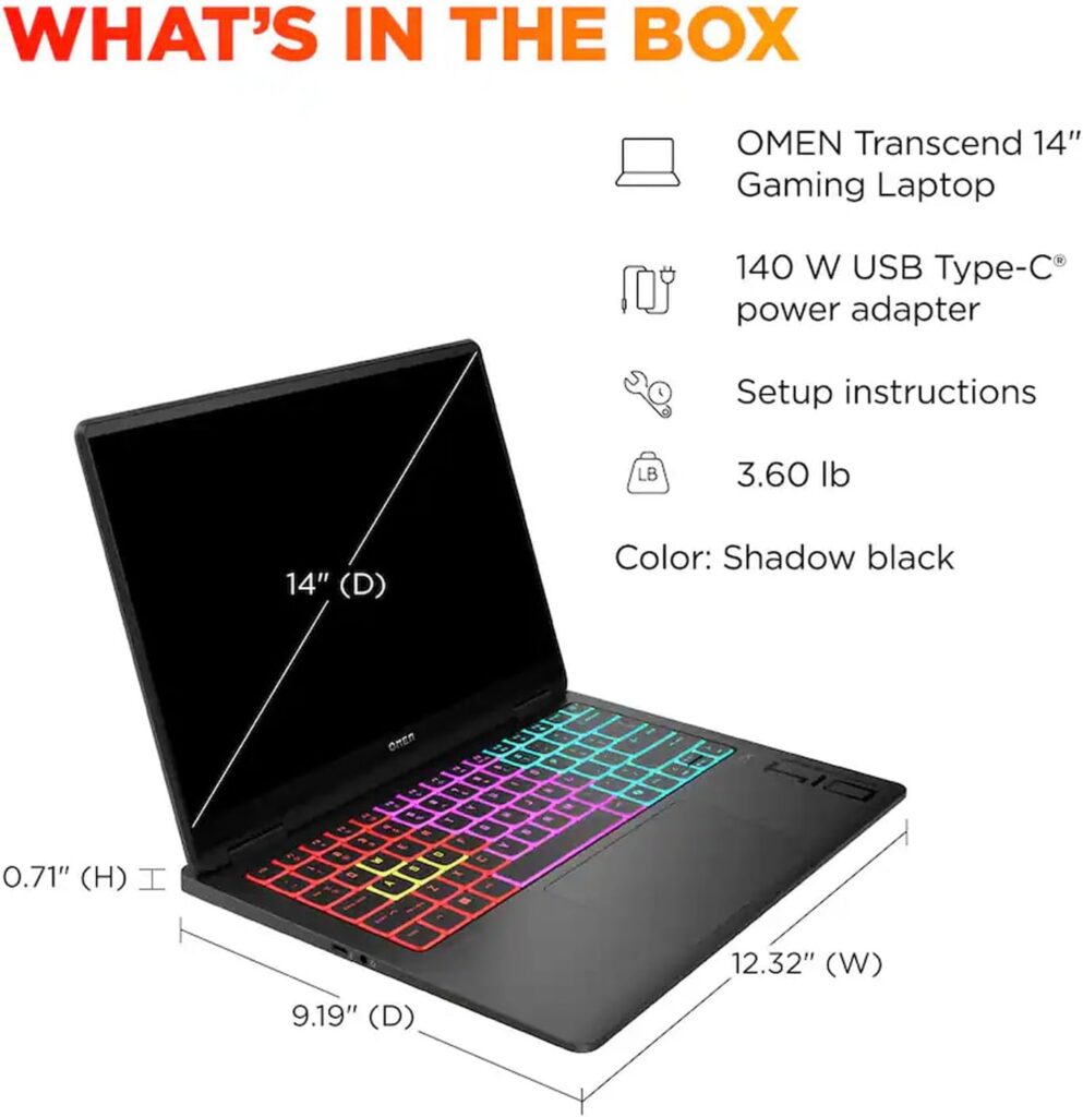 لپ تاپ HP OMEN Transcend 14 با پردازنده Ultra 7 155H، رم 16GB DDR5، حافظه داخلی 1TB SSD، گرافیک RTX 4050 6GB، نمایشگر 14.1-inch 2K 120Hz